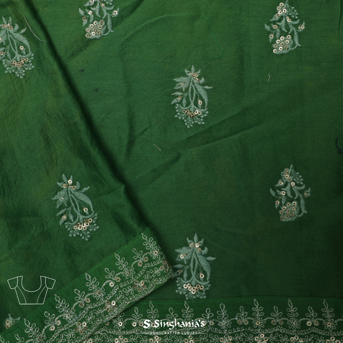 Chateau Green Moonga Saree With Plain Pattern And Lehariya Pallu