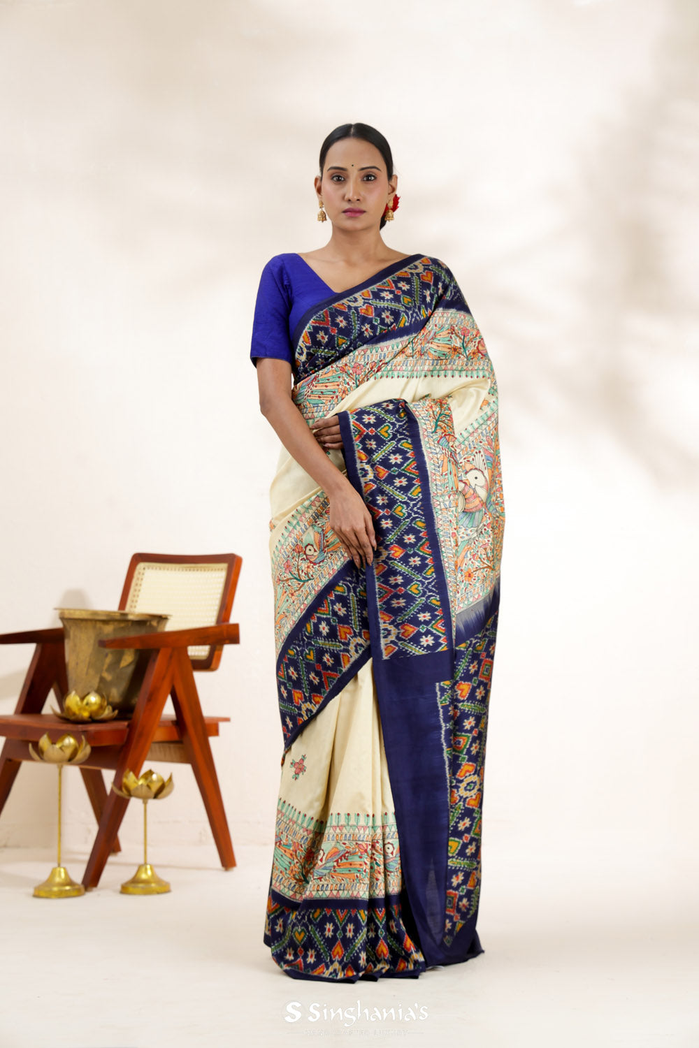 Yellow Blue Printed Madhubani Silk Saree