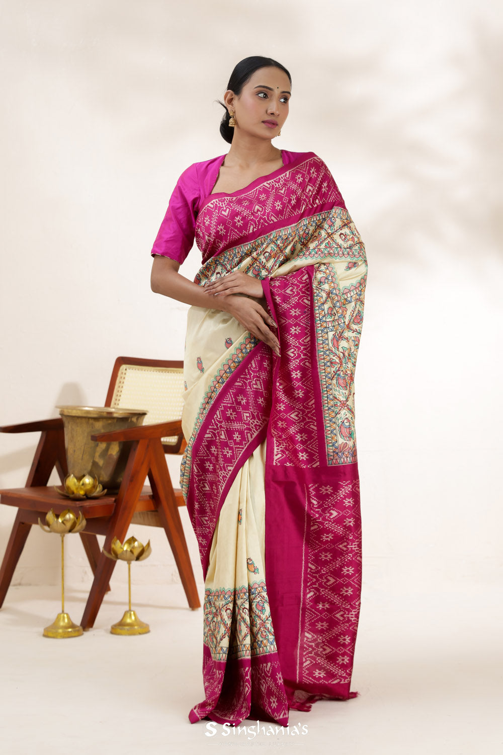 Yellow Pink Printed Madhubani Silk Saree