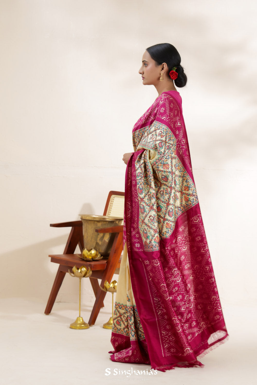 Yellow Pink Printed Madhubani Silk Saree