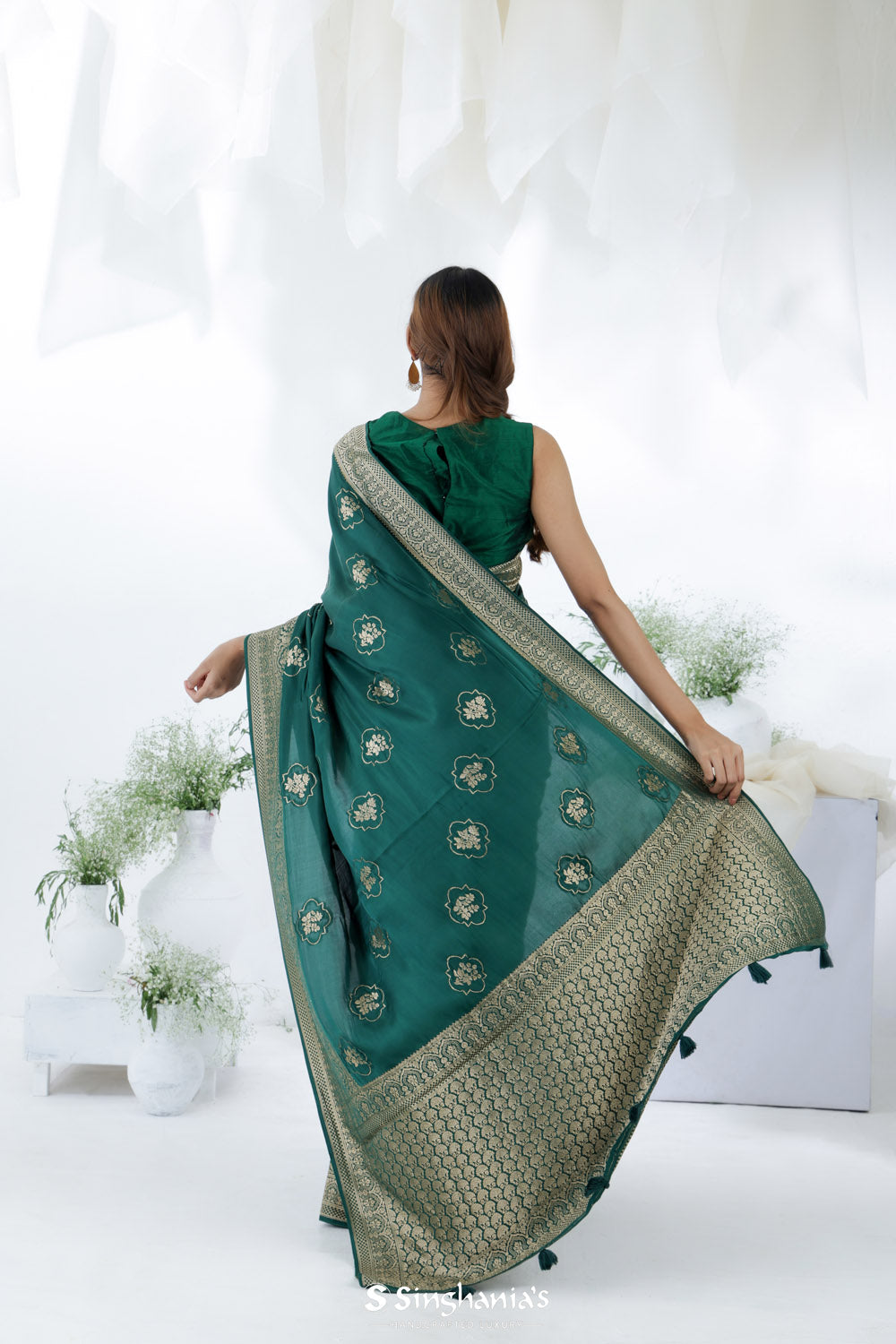 Midnight Green Banarasi Mashru Silk Saree With Floral Motifs