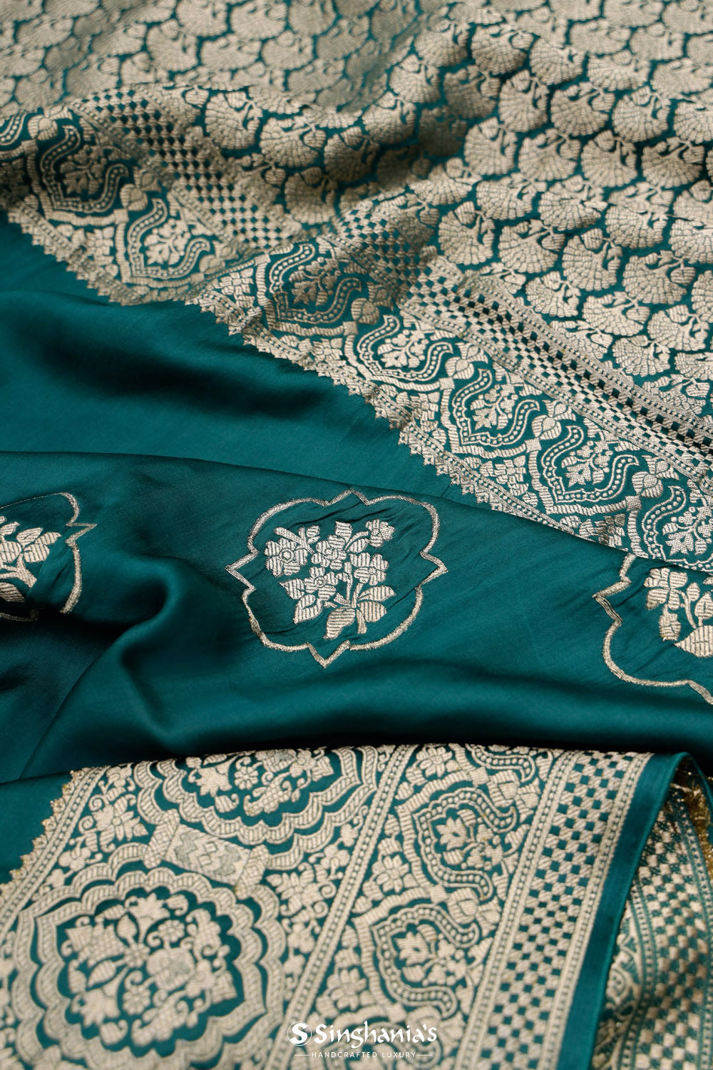 Midnight Green Banarasi Mashru Silk Saree With Floral Motifs