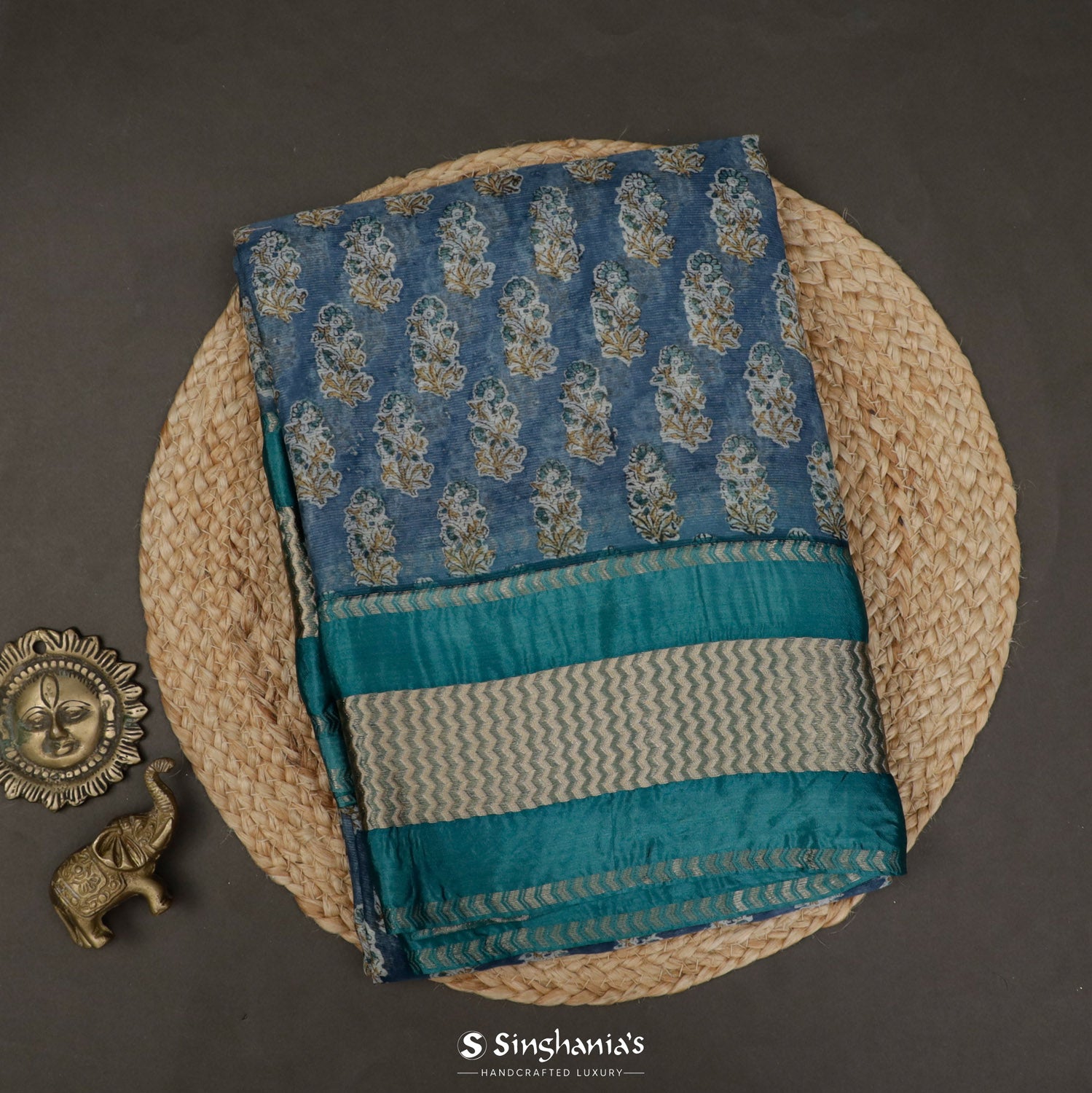 Arctic Blue Printed Maheshwari Saree With Floral Butti Pattern