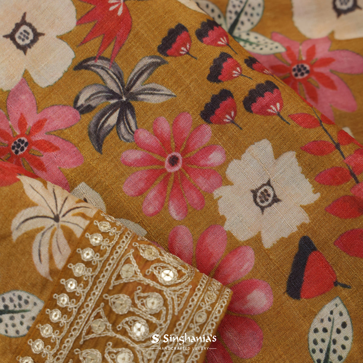 Earth Yellow Tussar Silk Saree With Printed Floral Pattern