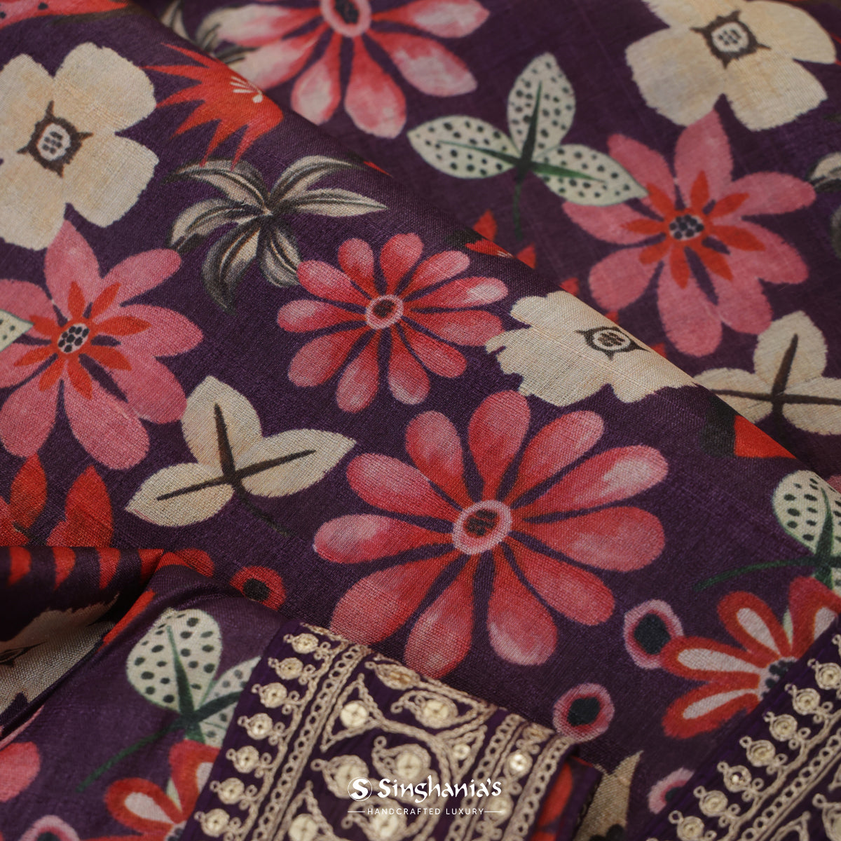 Faded Purple Tussar Silk Saree With Printed Floral Pattern