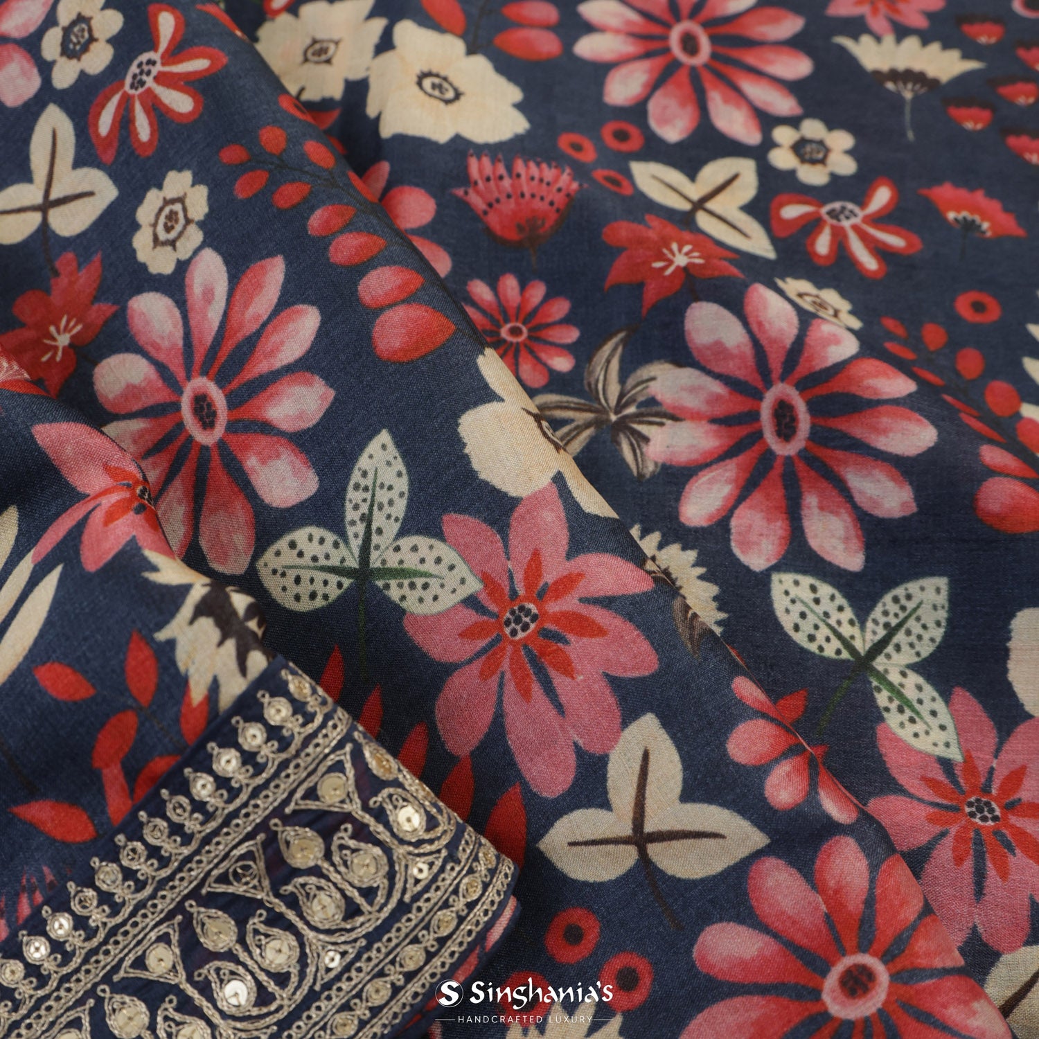 Brewers Blue Printed Tussar Saree With Floral Pattern