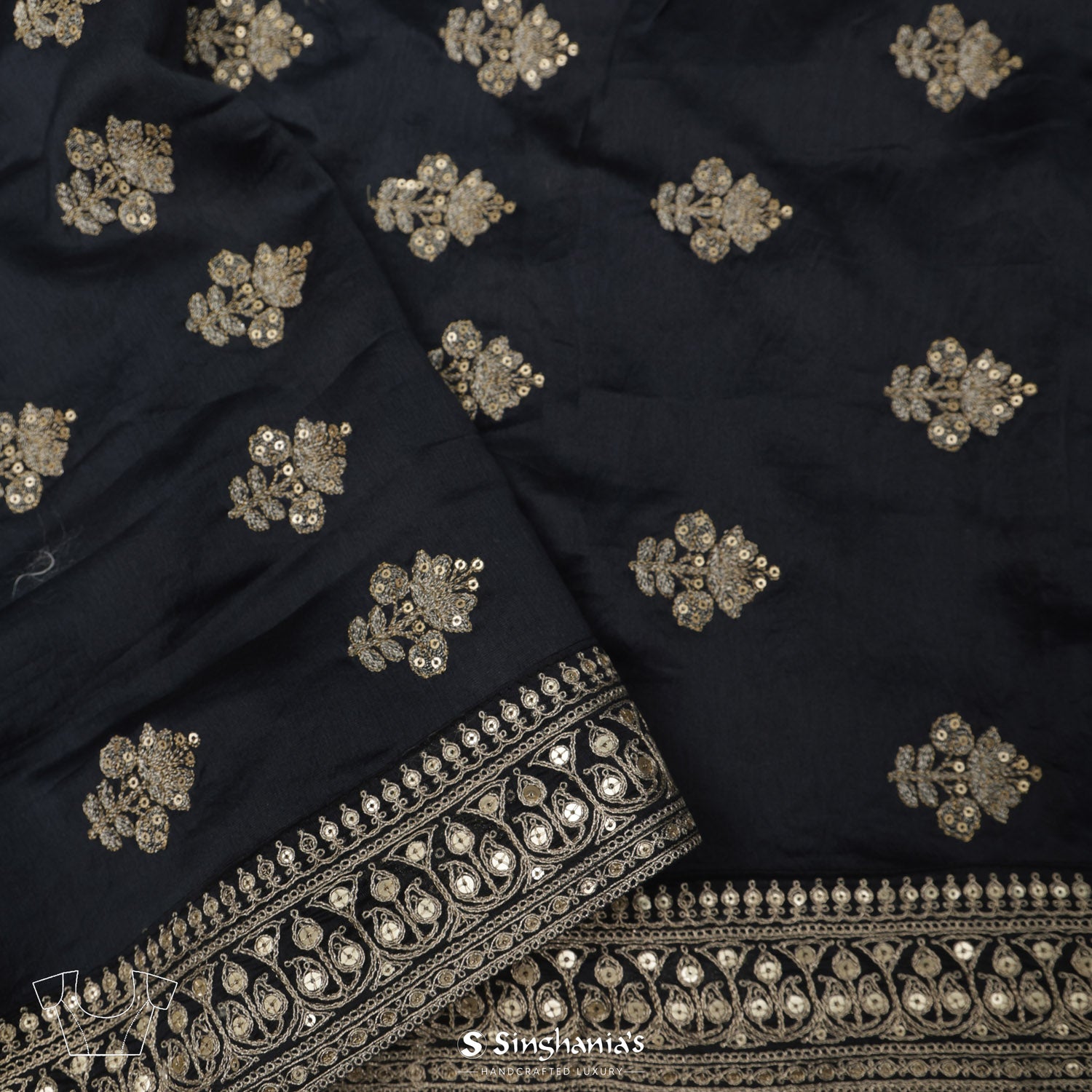 Slate Black Tussar Printed Silk Saree With Floral Pattern