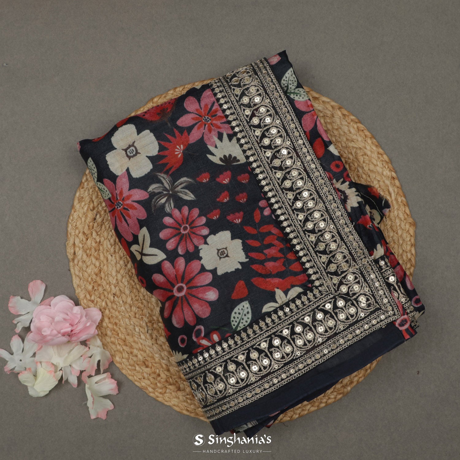 Slate Black Tussar Printed Silk Saree With Floral Pattern