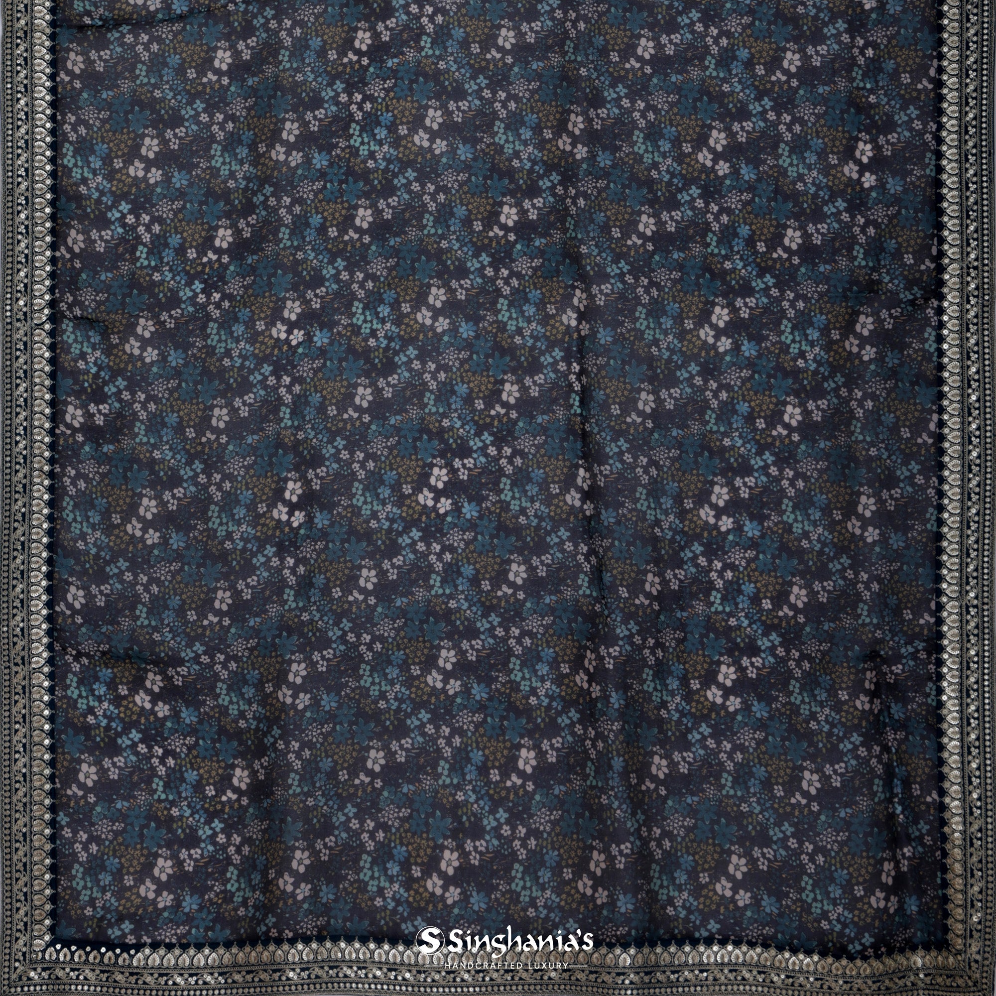Dark Navy Blue Printed Organza Saree With Floral Print