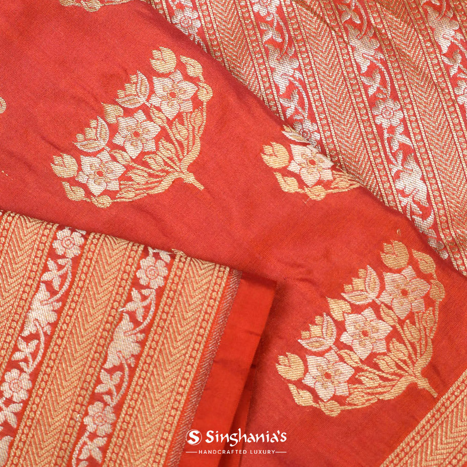Terracotta Red Banrasi Saree With Floral Weaving