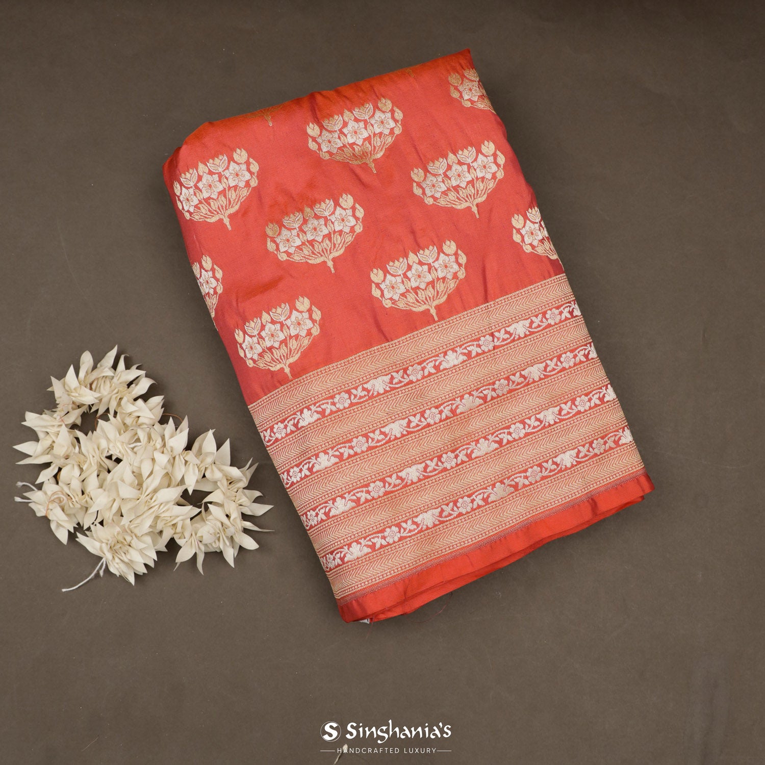 Terracotta Red Banrasi Saree With Floral Weaving