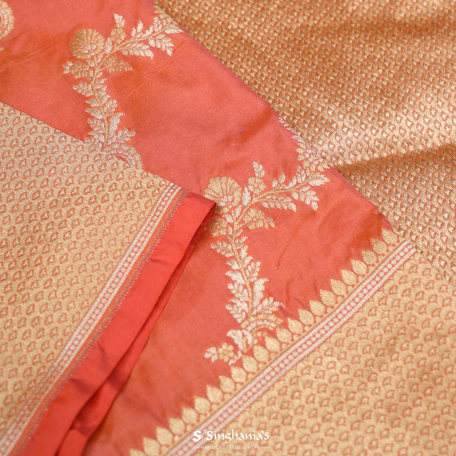 Dark Orange Banarasi Saree With Floral Jaal Pattern
