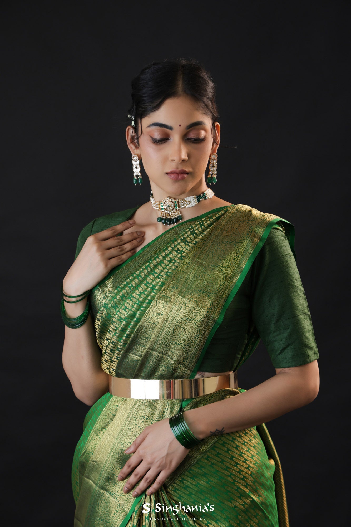 Forest Green Kanjivaram Silk Saree With Gold Zari Butti