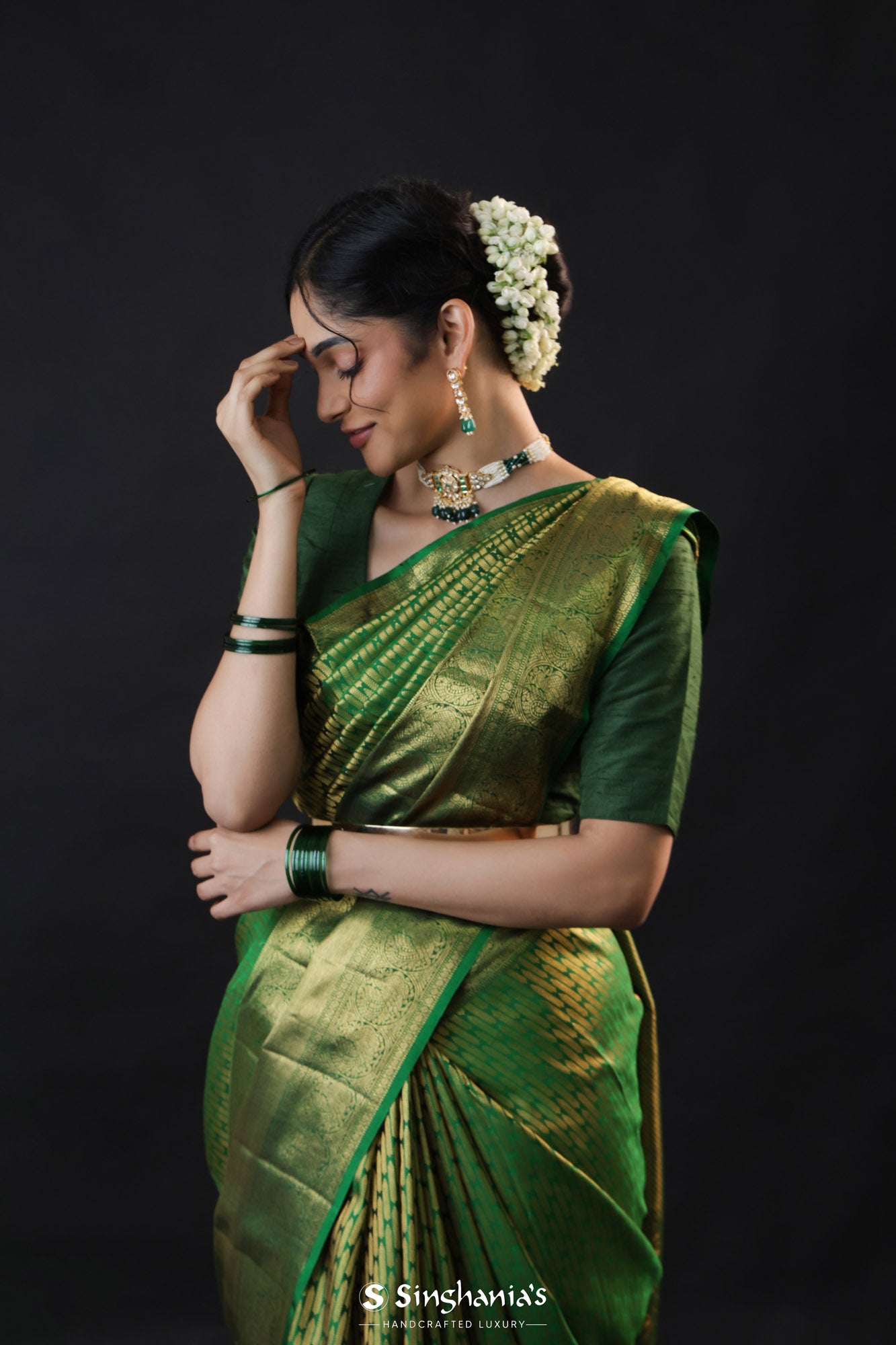 Forest Green Kanjivaram Silk Saree With Gold Zari Butti
