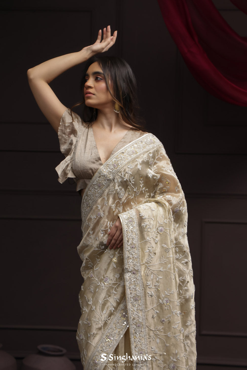 Royal Beige Tissue Designer Saree With Floral Embroidery
