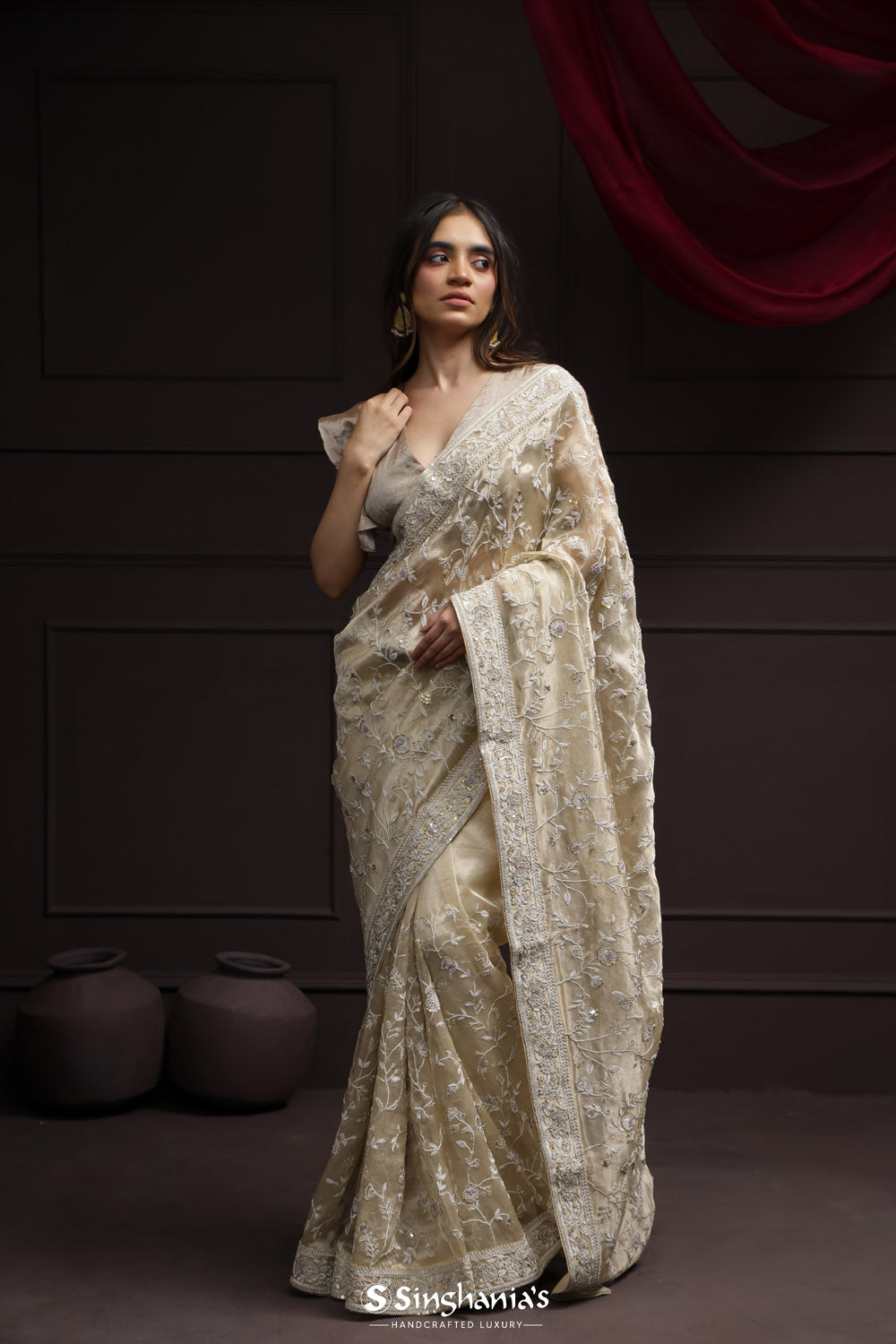 Royal Beige Tissue Designer Saree With Floral Embroidery