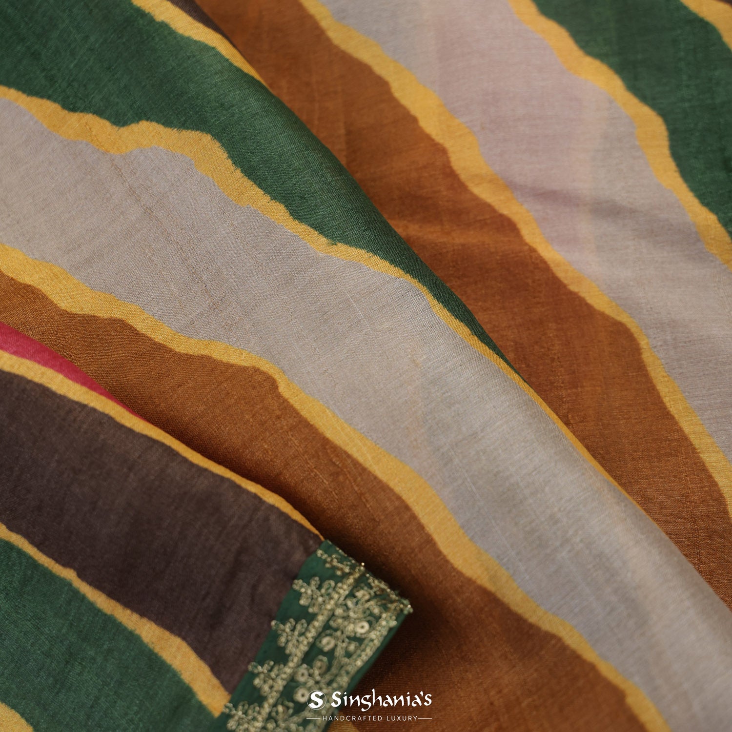 Green Multicolour Printed Tussar Saree With Stripes Pattern
