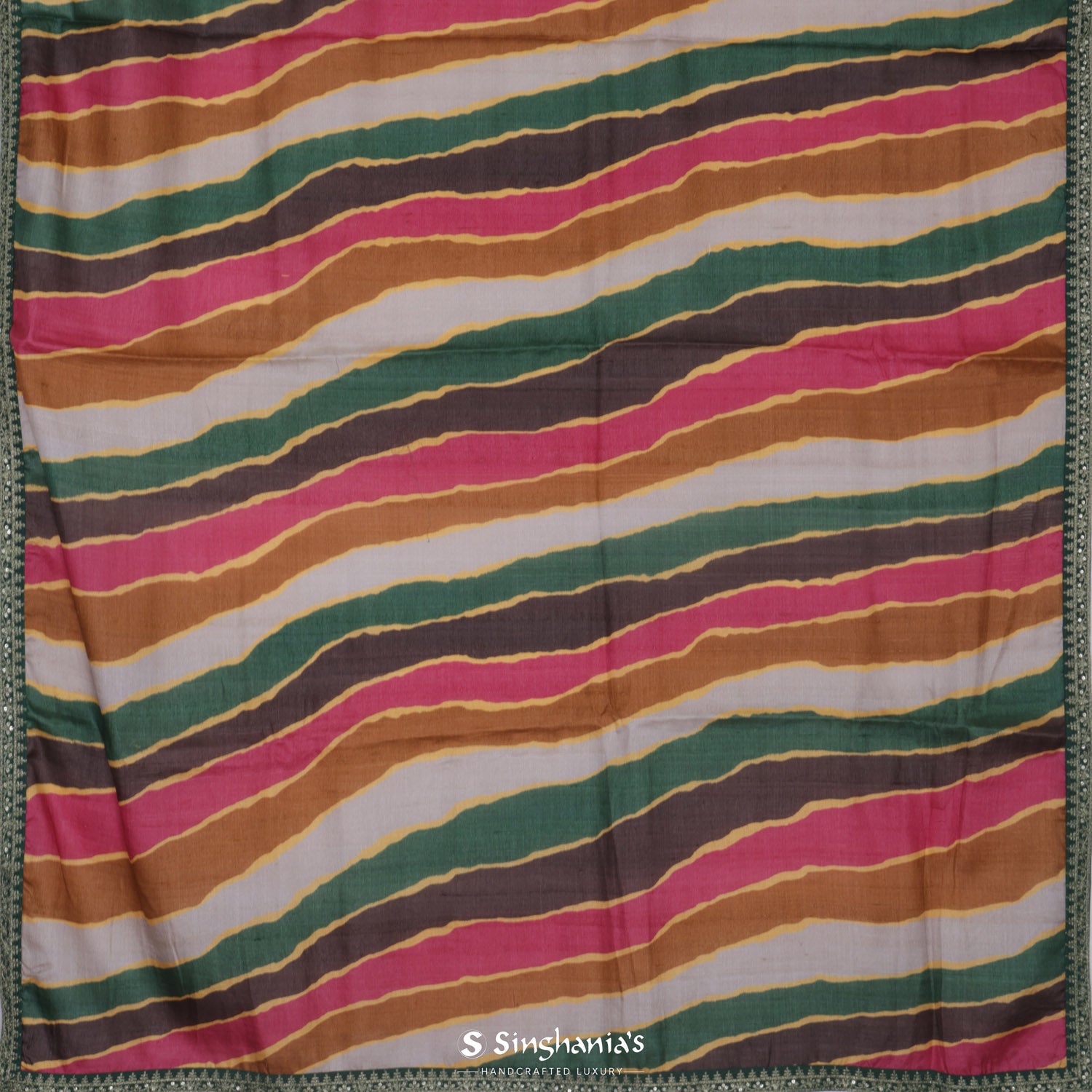 Green Multicolour Printed Tussar Saree With Stripes Pattern