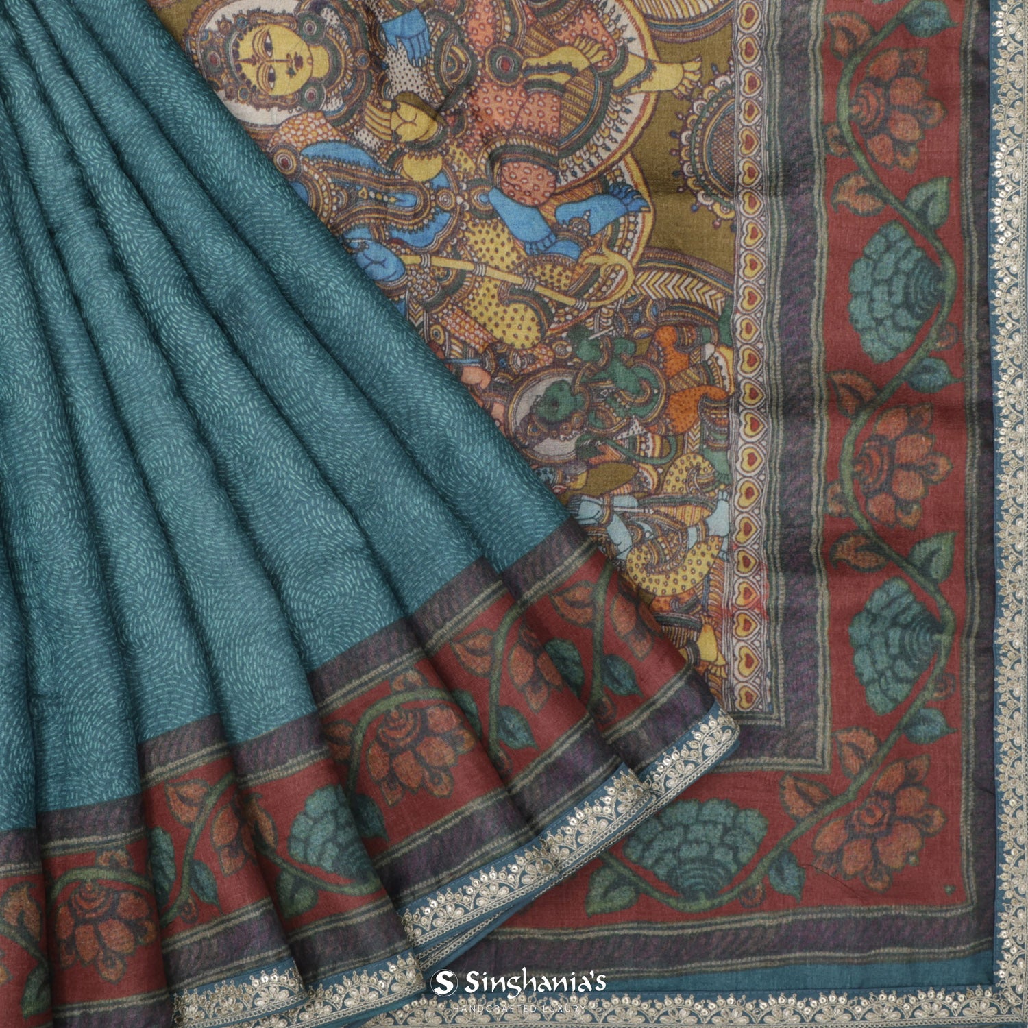 Munsell Blue Printed Tussar Saree With Kantha Inspired Pattern