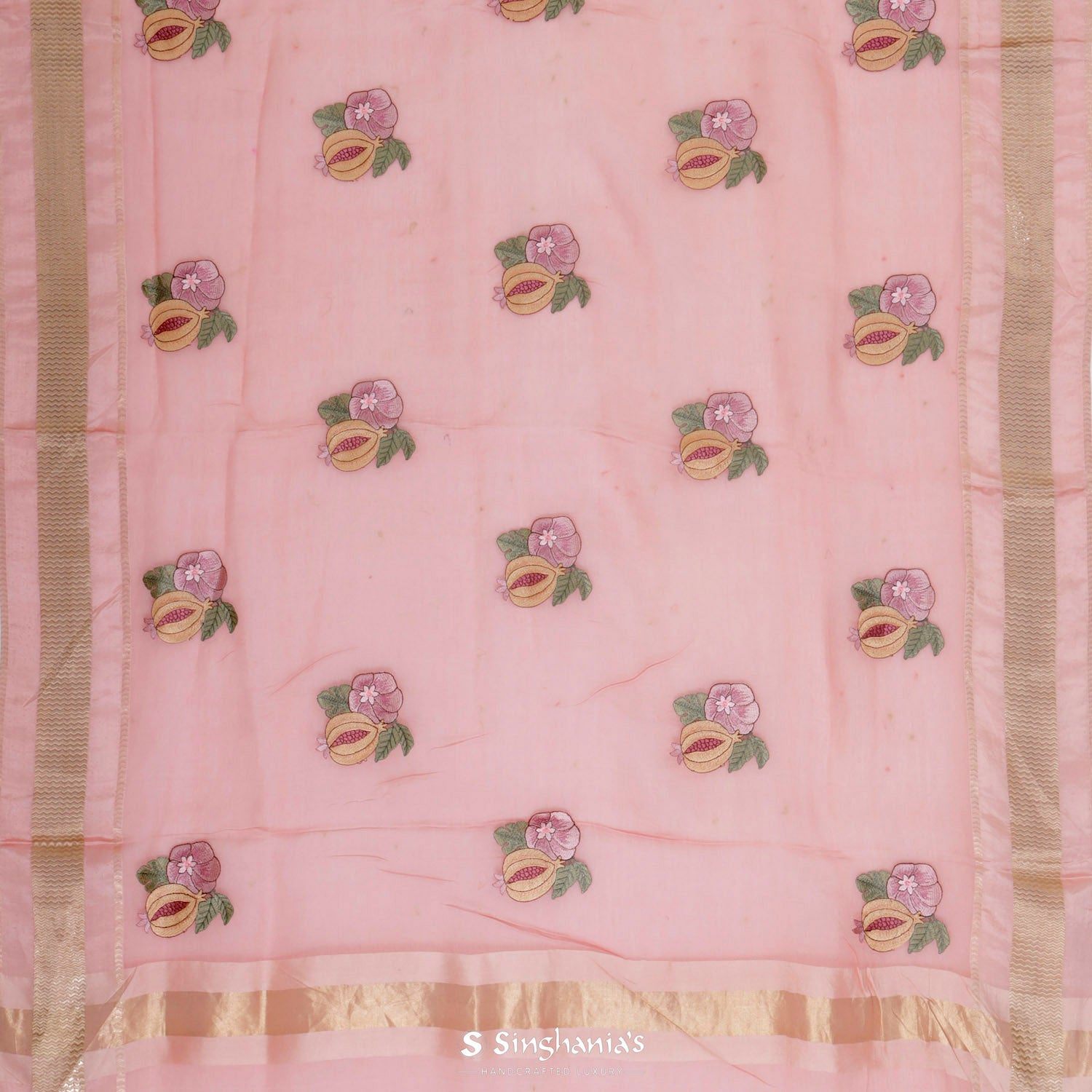 Pale Peach Maheshwari Saree With Butti Embroidery