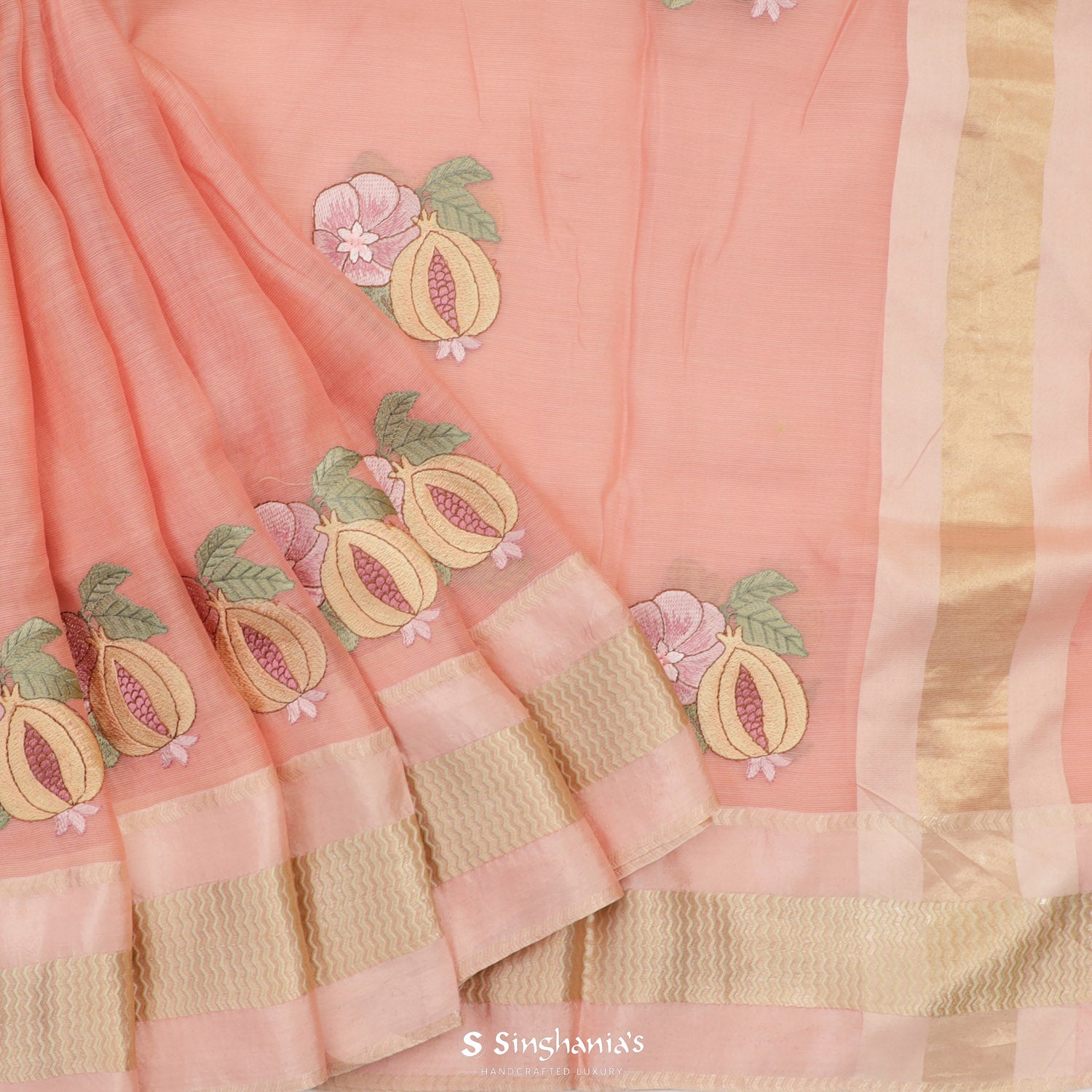 Pale Peach Maheshwari Saree With Butti Embroidery