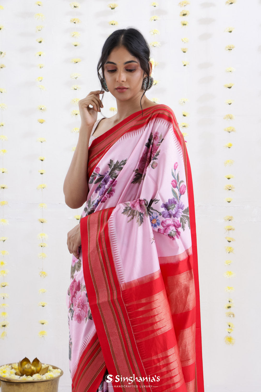 Pastel Pink Printed Kanjivaram Silk Saree With Floral Design
