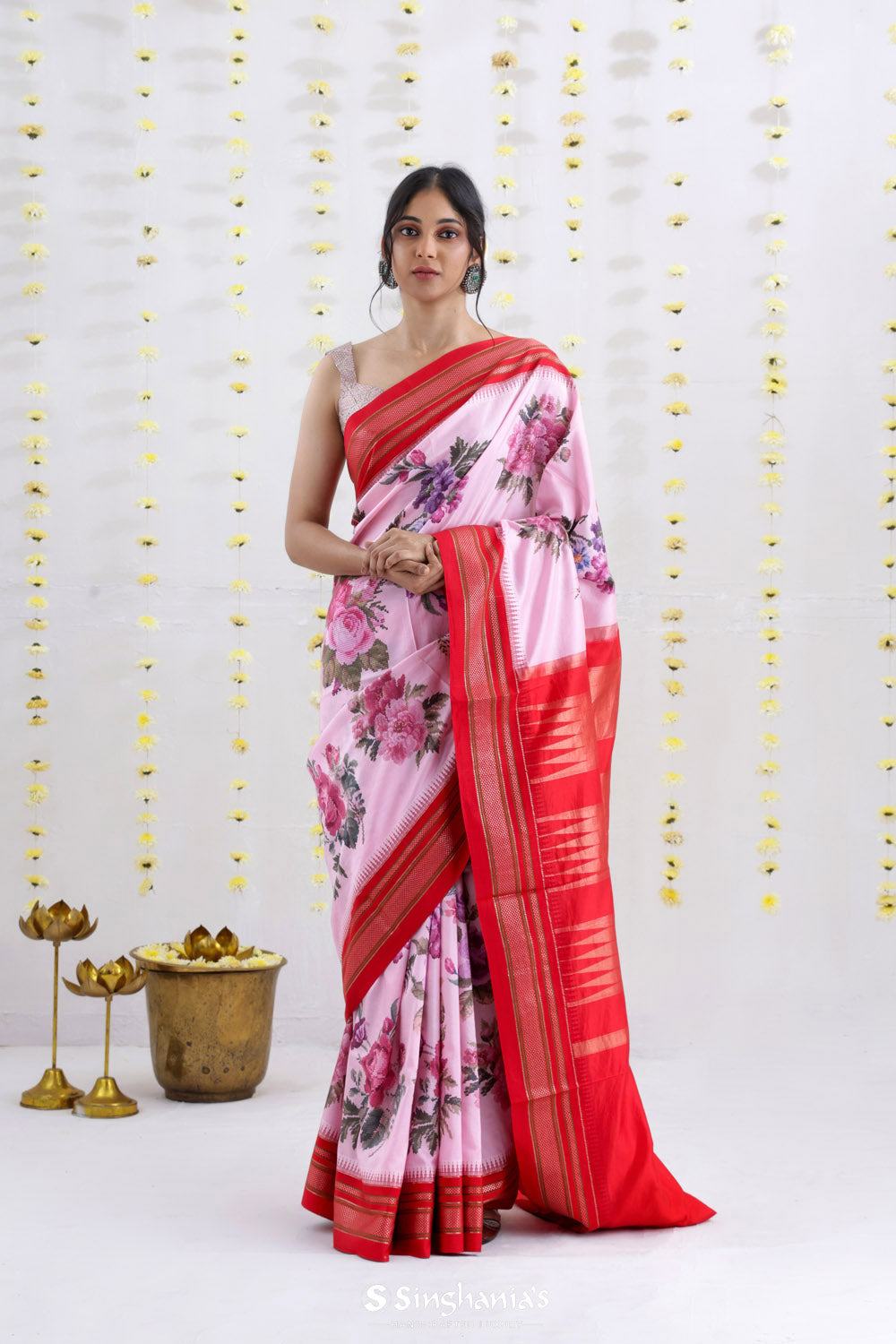 Pastel Pink Printed Kanjivaram Silk Saree With Floral Design