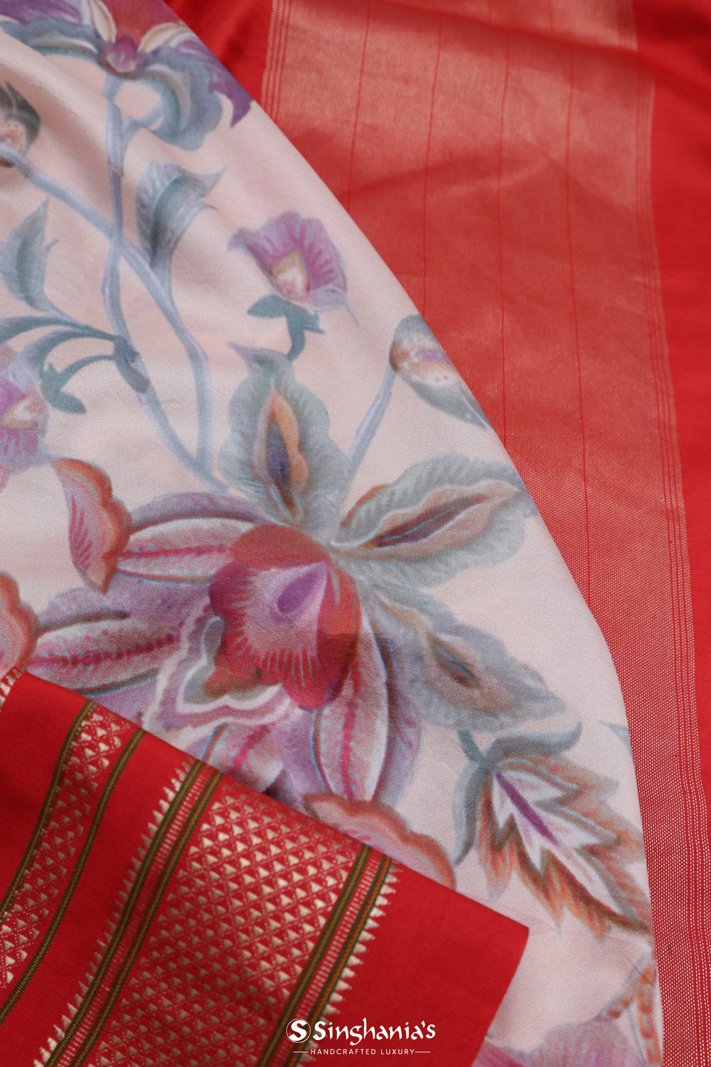 Lemonade Pink Printed Kanjivaram Silk Saree With Floral Design