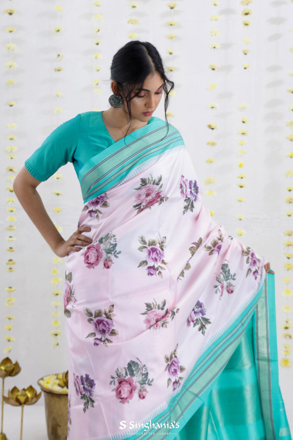 Pale Pink Printed Kanjivaram Silk Saree With Floral Design