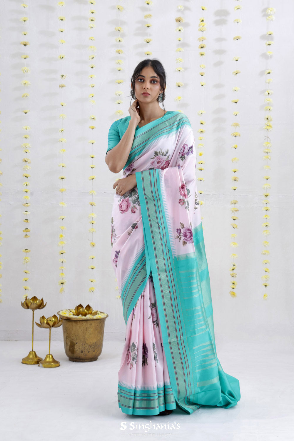Pale Pink Printed Kanjivaram Silk Saree With Floral Design