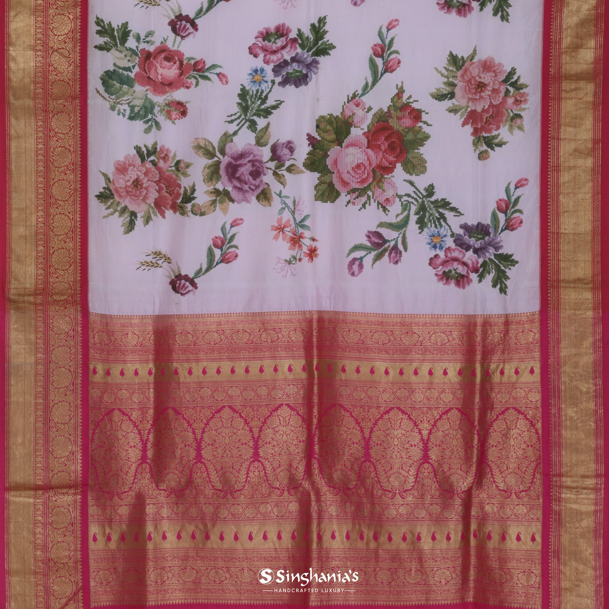 Pale Pink Kanjivaram Silk Saree With Printed Floral Designs