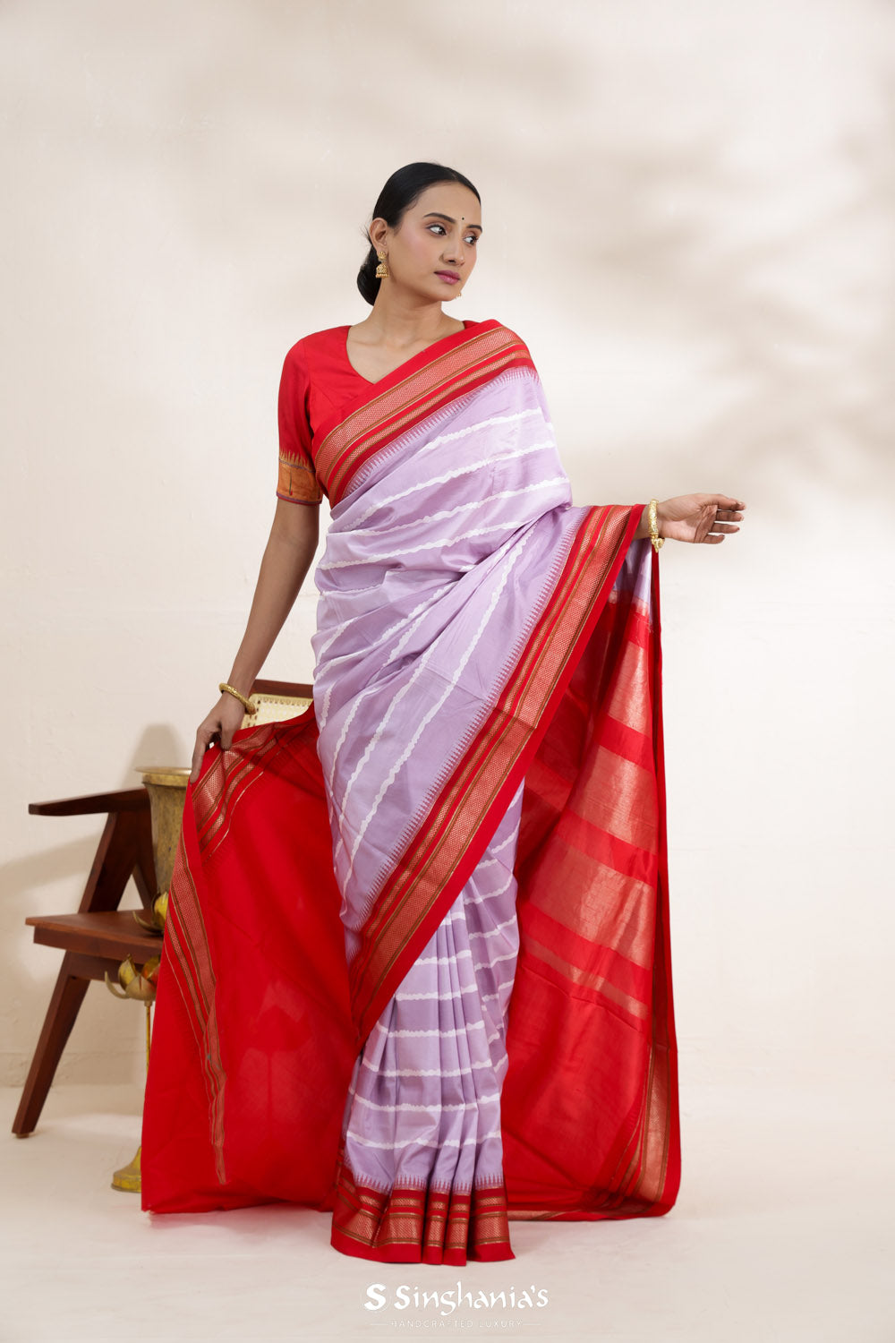 Mauve Purple Printed Kanjivaram Silk Saree With Horizontal Pattern