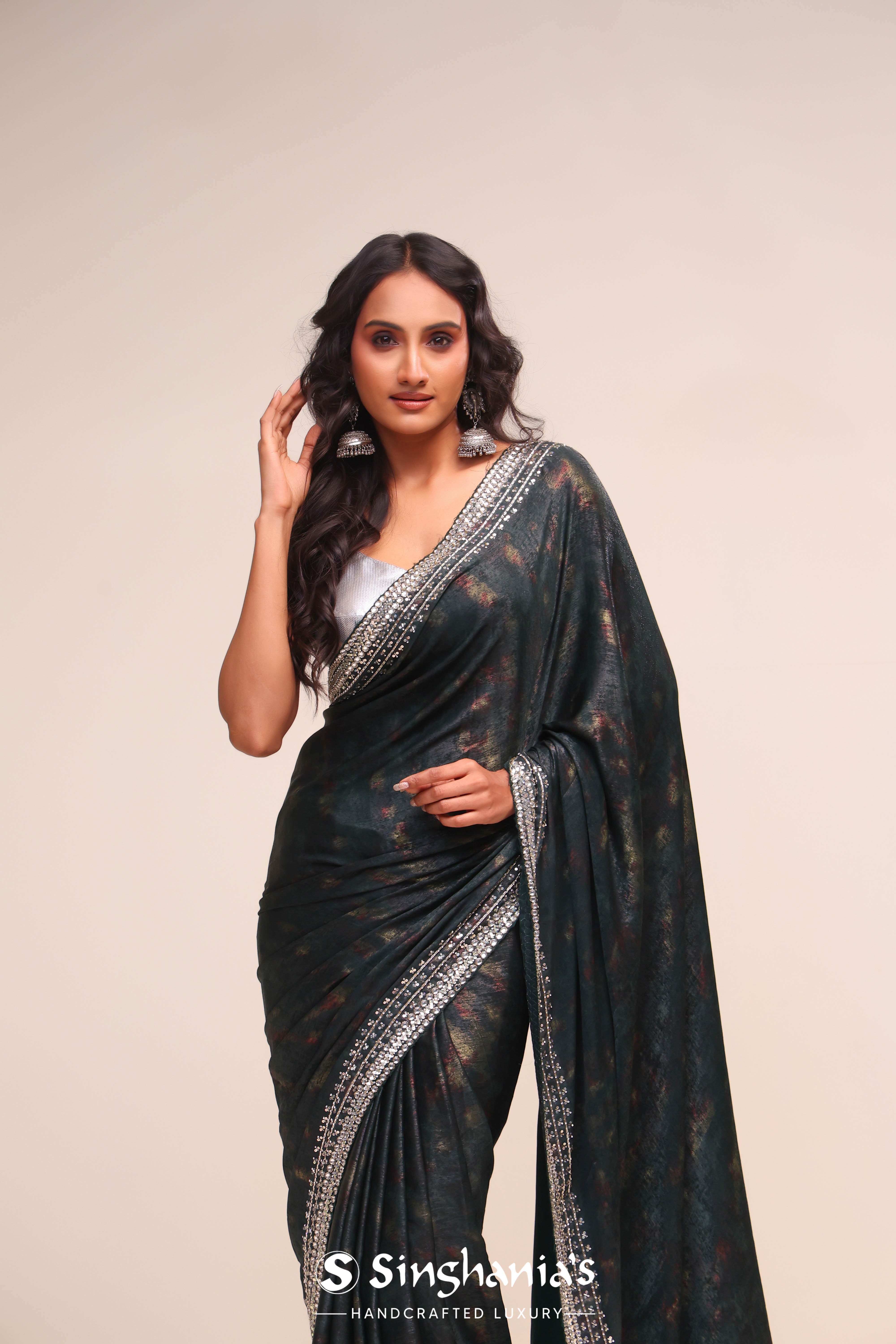 Designer satin saree outlets with soft touch for parties