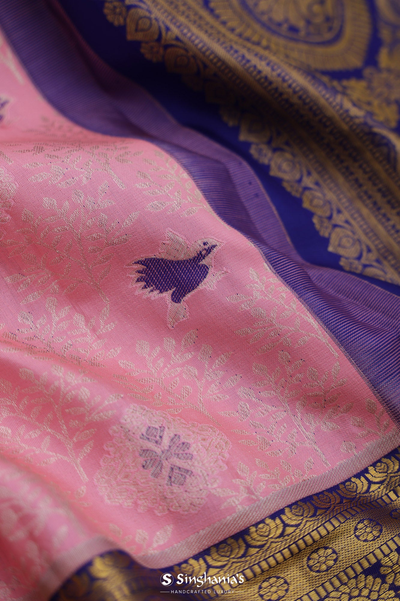 Cotton Candy Pink Kanjivaram Silk Saree With Floral-Bird Weaving