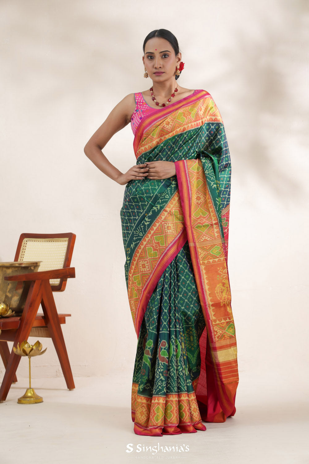 Castleton Green Ikkat Patola Silk Saree With Contrast Border