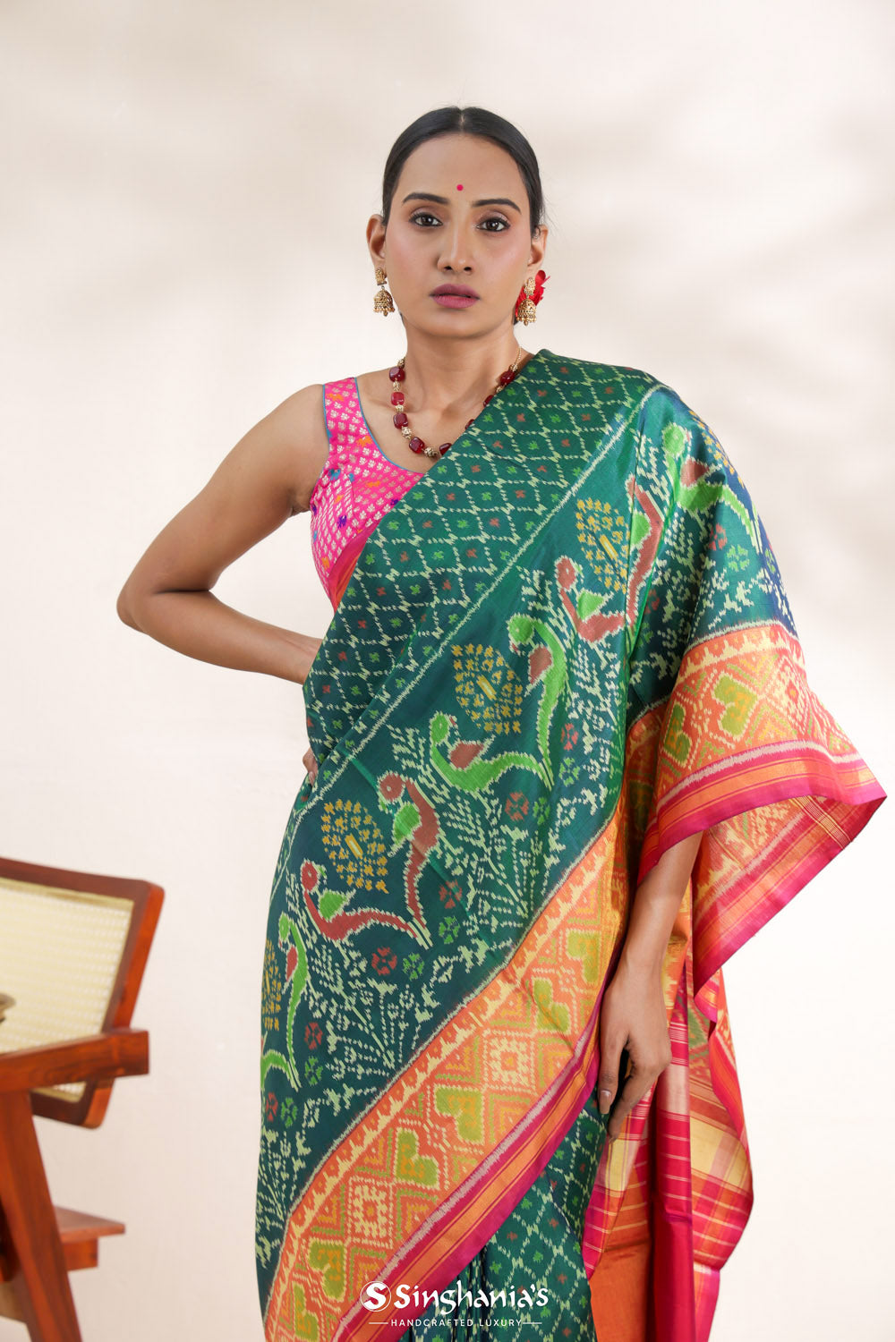 Castleton Green Ikkat Patola Silk Saree With Contrast Border