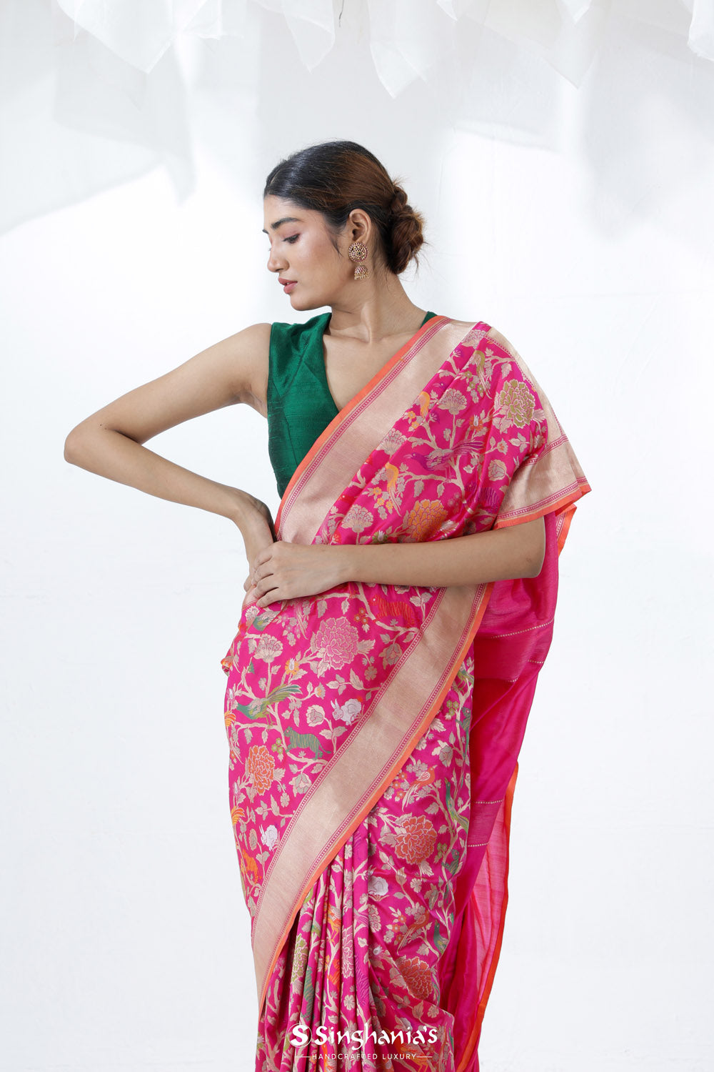 Bright Pink Banarasi Silk Saree With Floral-Fauna Design