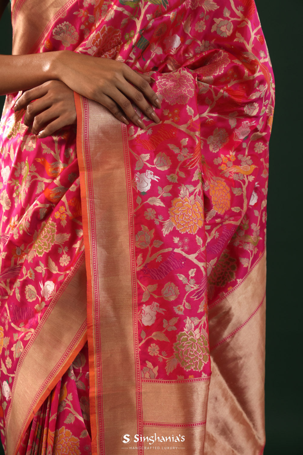 Hot Pink Banarasi Silk Saree With Flora-Fauna Motifs