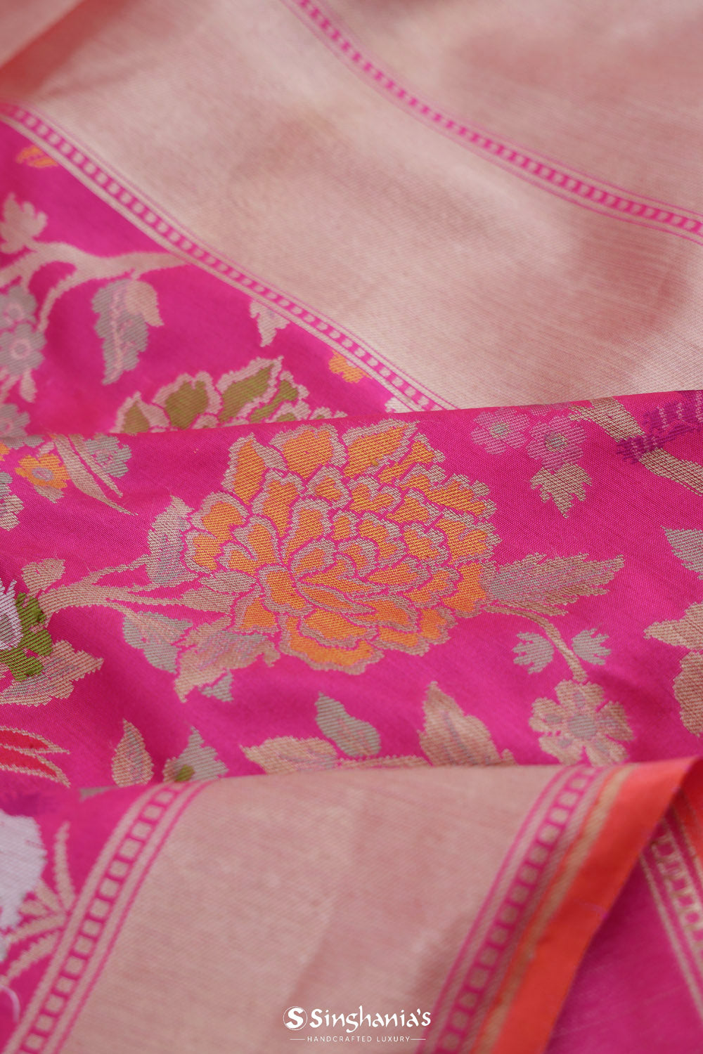 Bright Pink Banarasi Silk Saree With Floral-Fauna Design