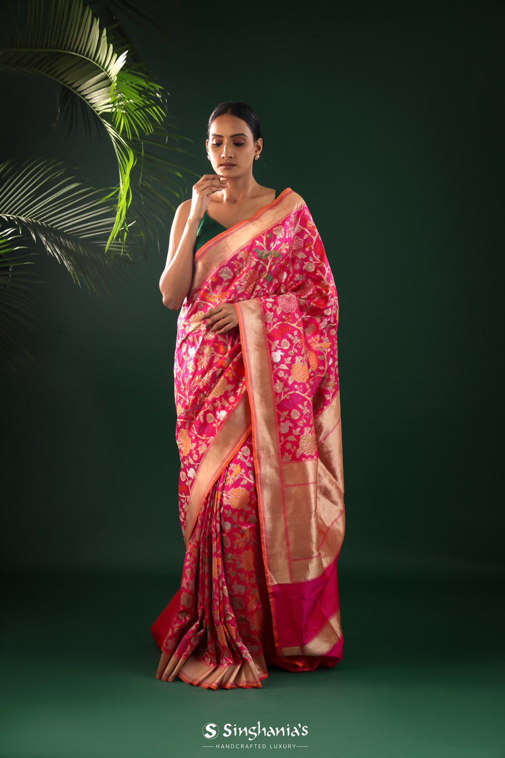 Hot Pink Banarasi Silk Saree With Flora-Fauna Motifs