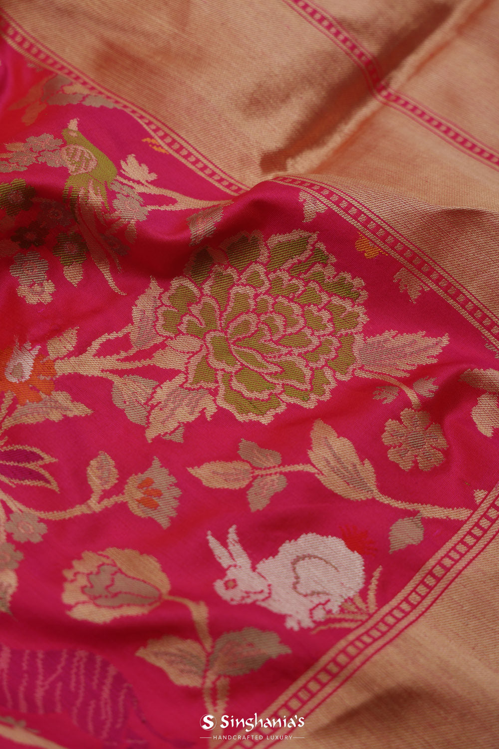 Hot Pink Banarasi Silk Saree With Flora-Fauna Motifs