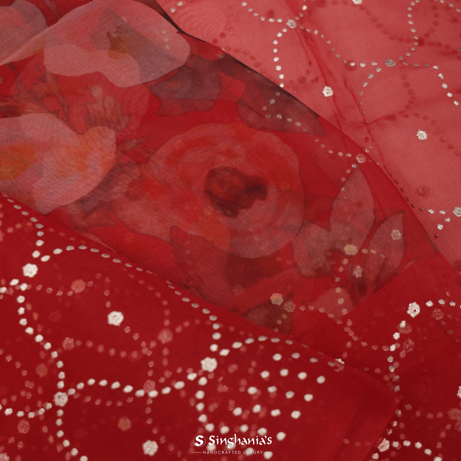 Crimson Red Printed Organza Saree With Floral Pattern