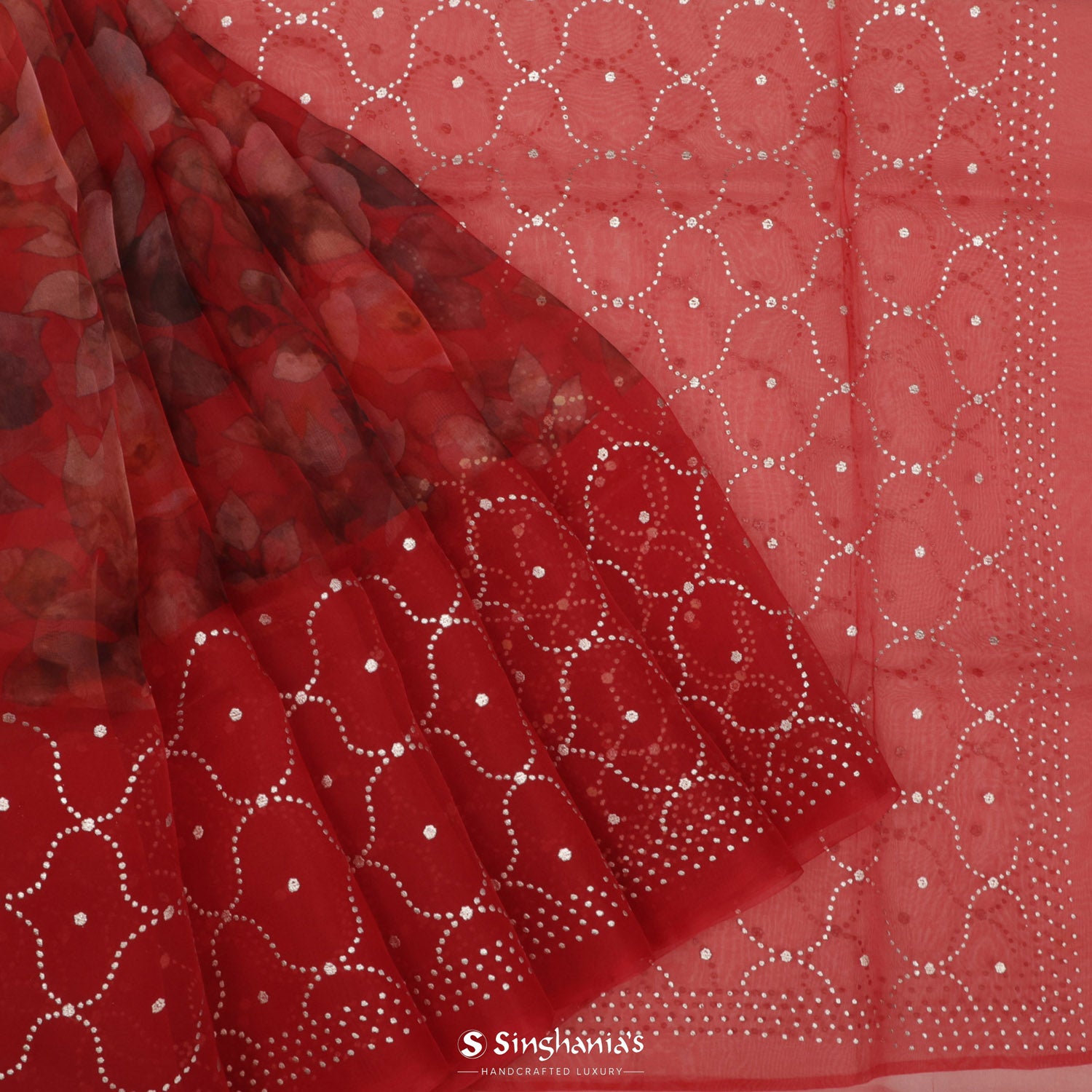 Crimson Red Printed Organza Saree With Floral Pattern