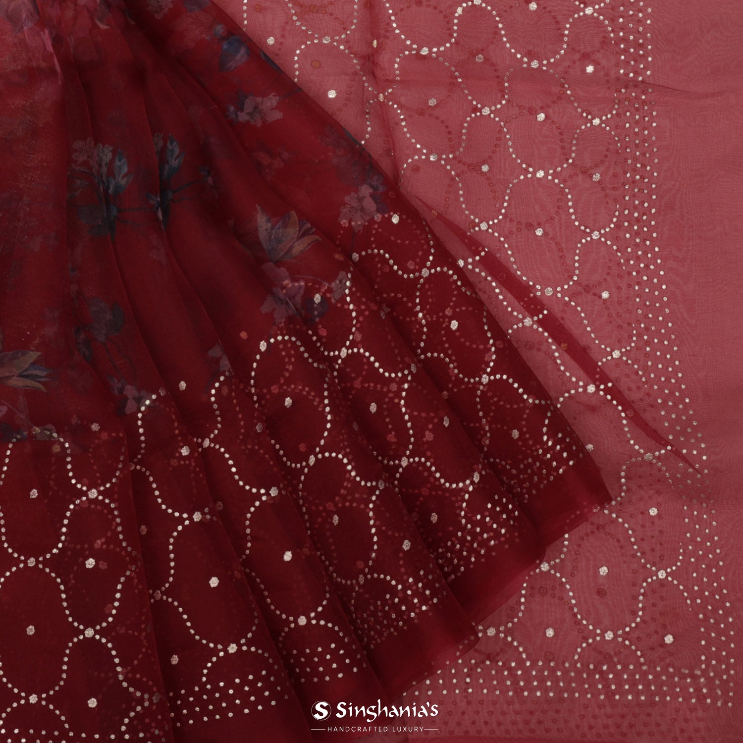 Cosmos Red Printed Organza Saree With Floral Pattern