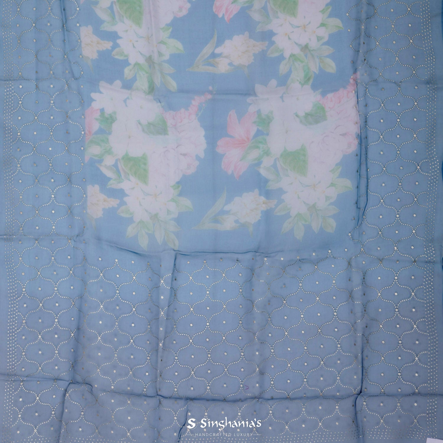 Lapis Blue Printed Organza Saree With Floral Pattern