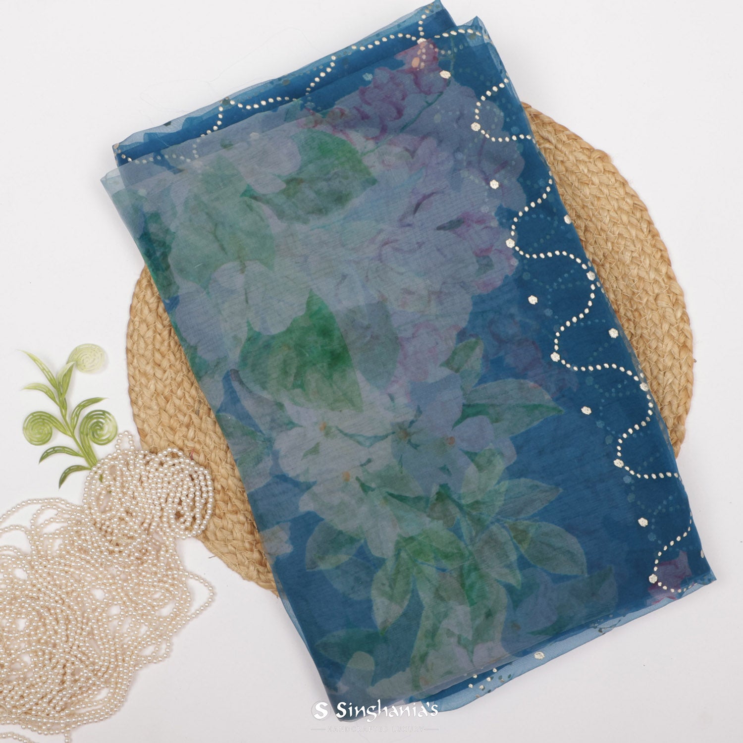 Lapis Blue Printed Organza Saree With Floral Pattern
