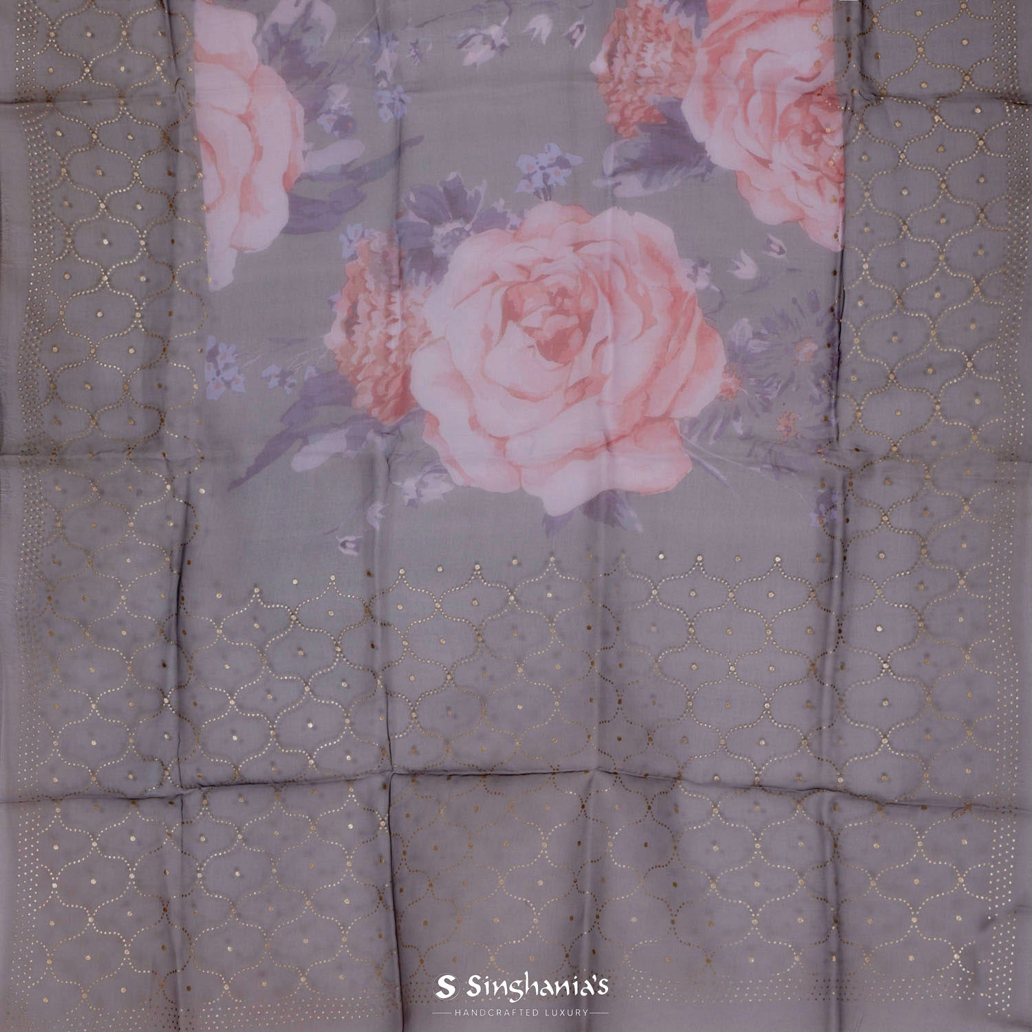 Purple Taupe Printed Organza Saree With Floral Pattern