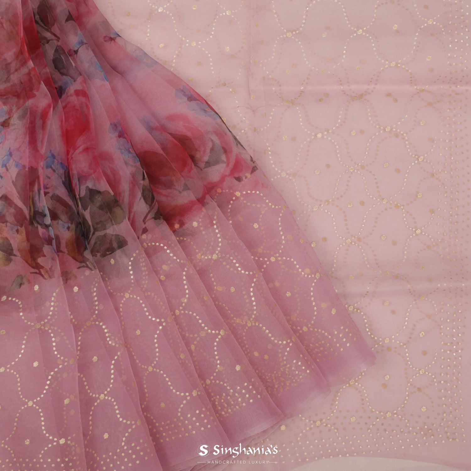 Cameo Pink Printed Organza Saree With Floral Pattern
