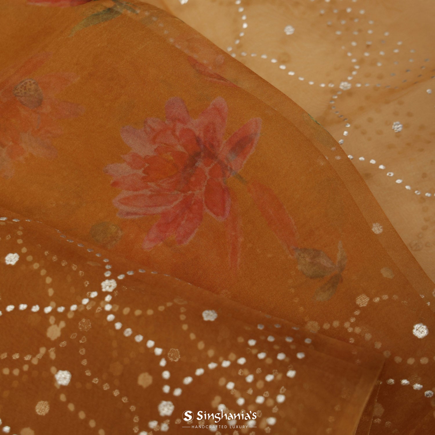 Yellow-Orange Printed Organza Saree With Floral Pattern