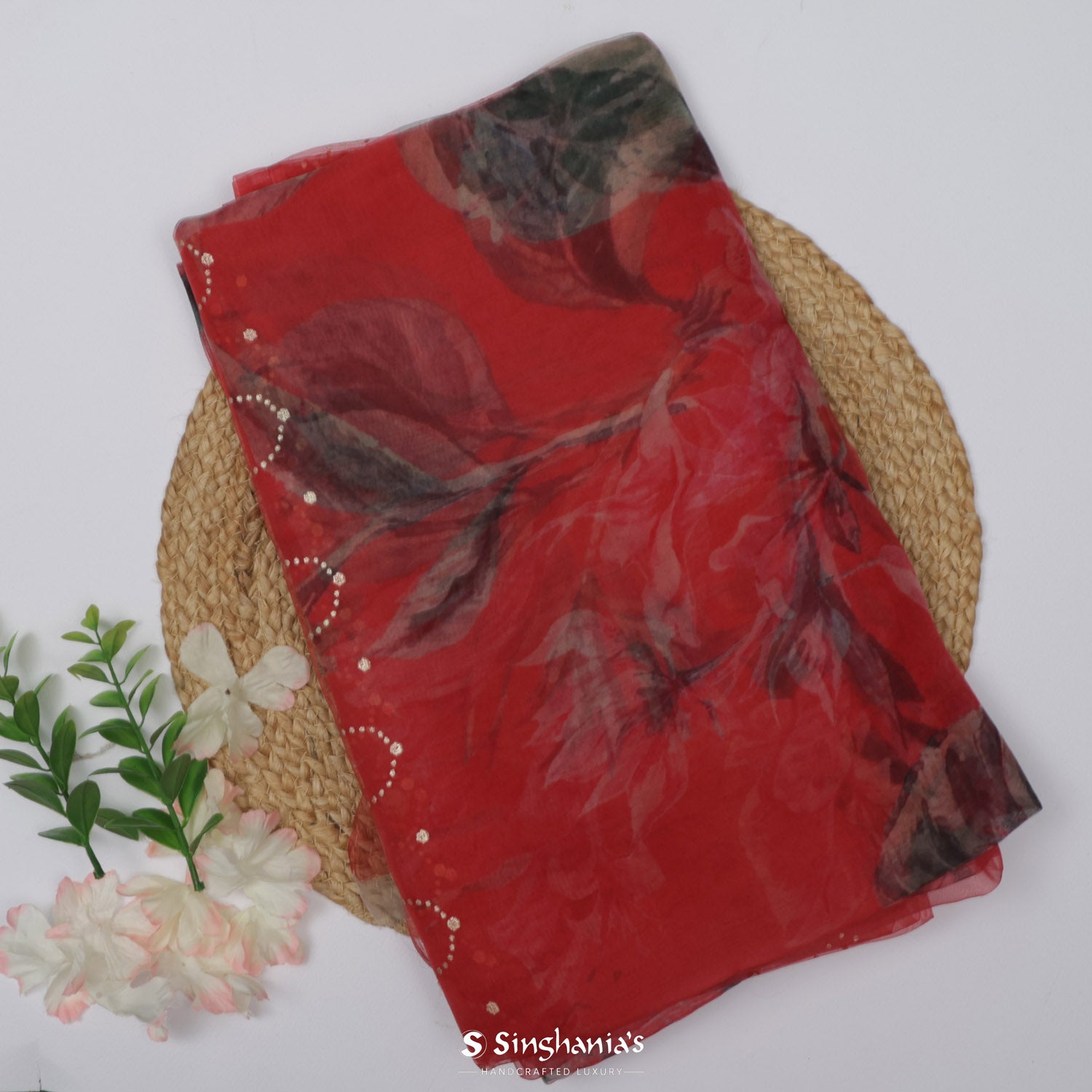 Imperial Red Organza Saree With Floral Printed Pattern